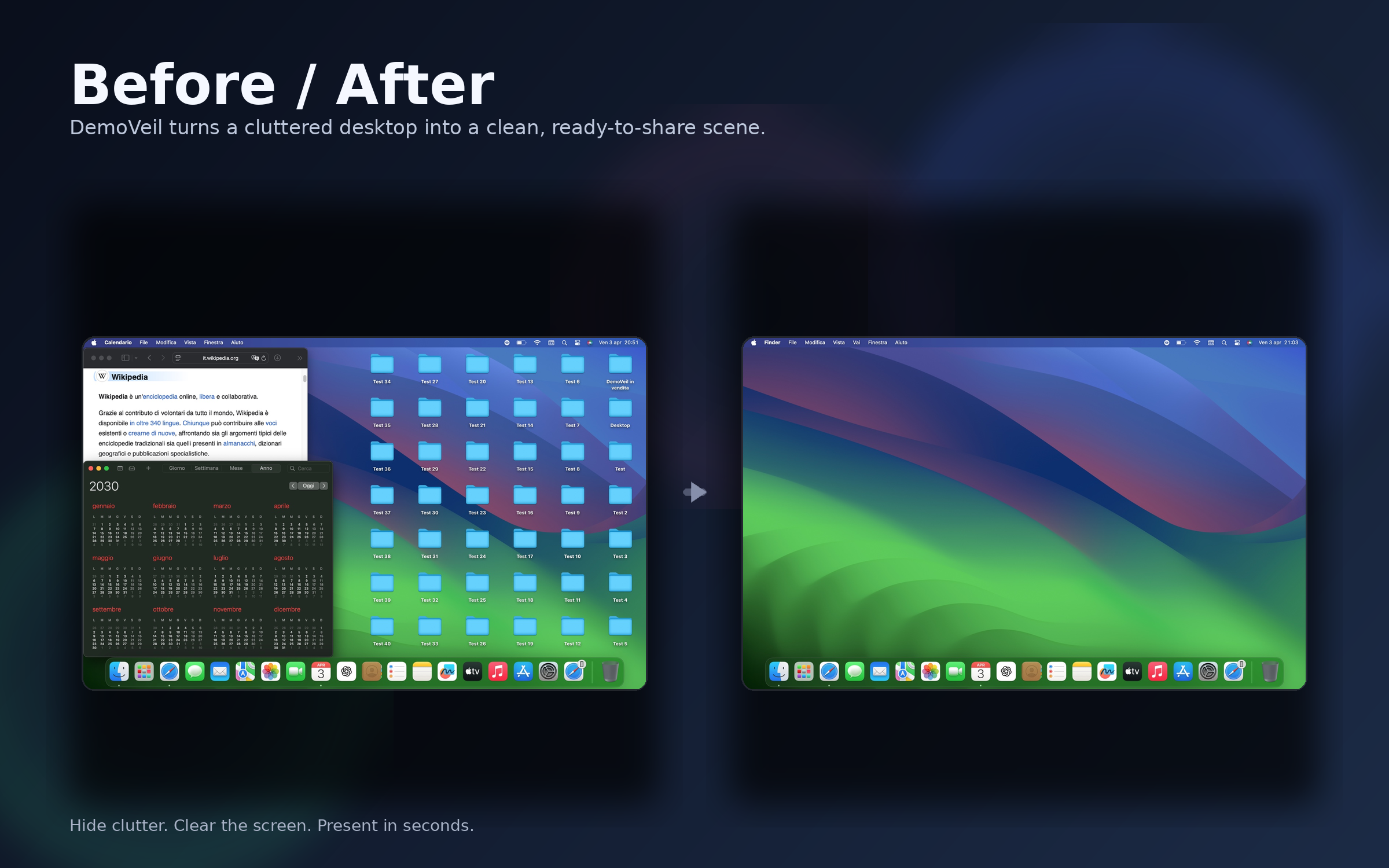 Before and after view of a cluttered desktop transformed into a clean scene