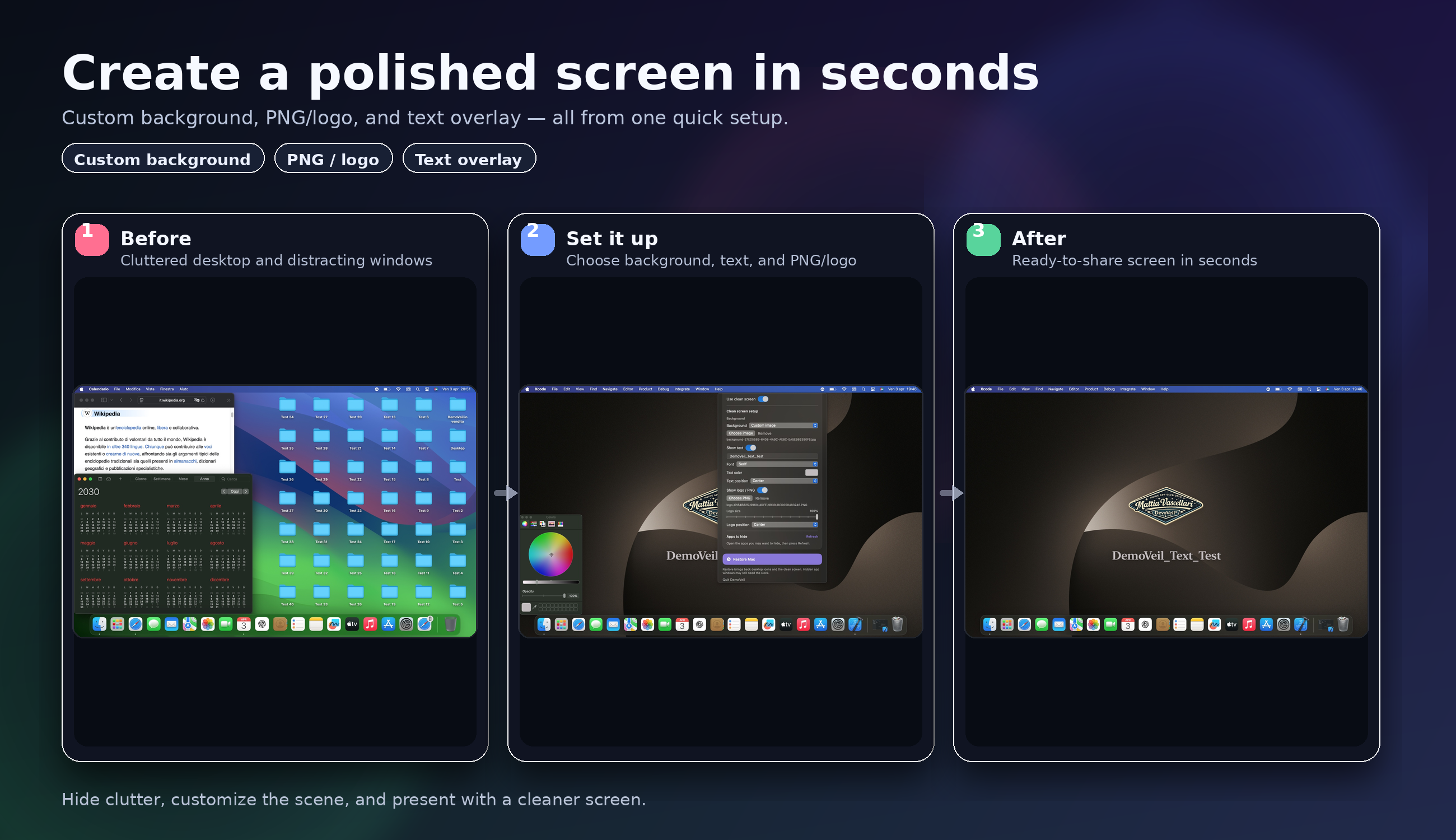 DemoVeil showing custom image background setup and result