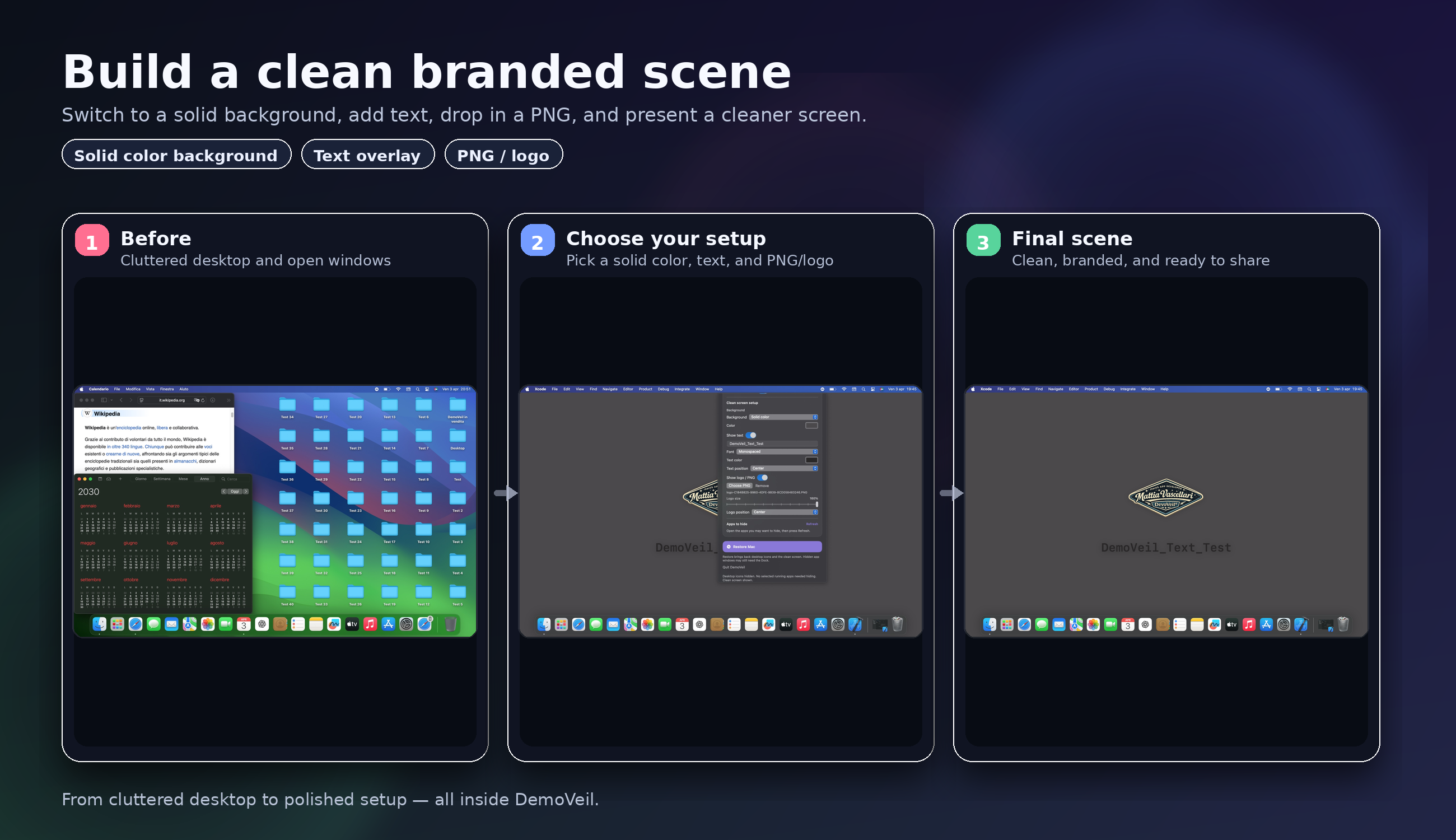 DemoVeil showing solid color, text, and PNG logo setup and result